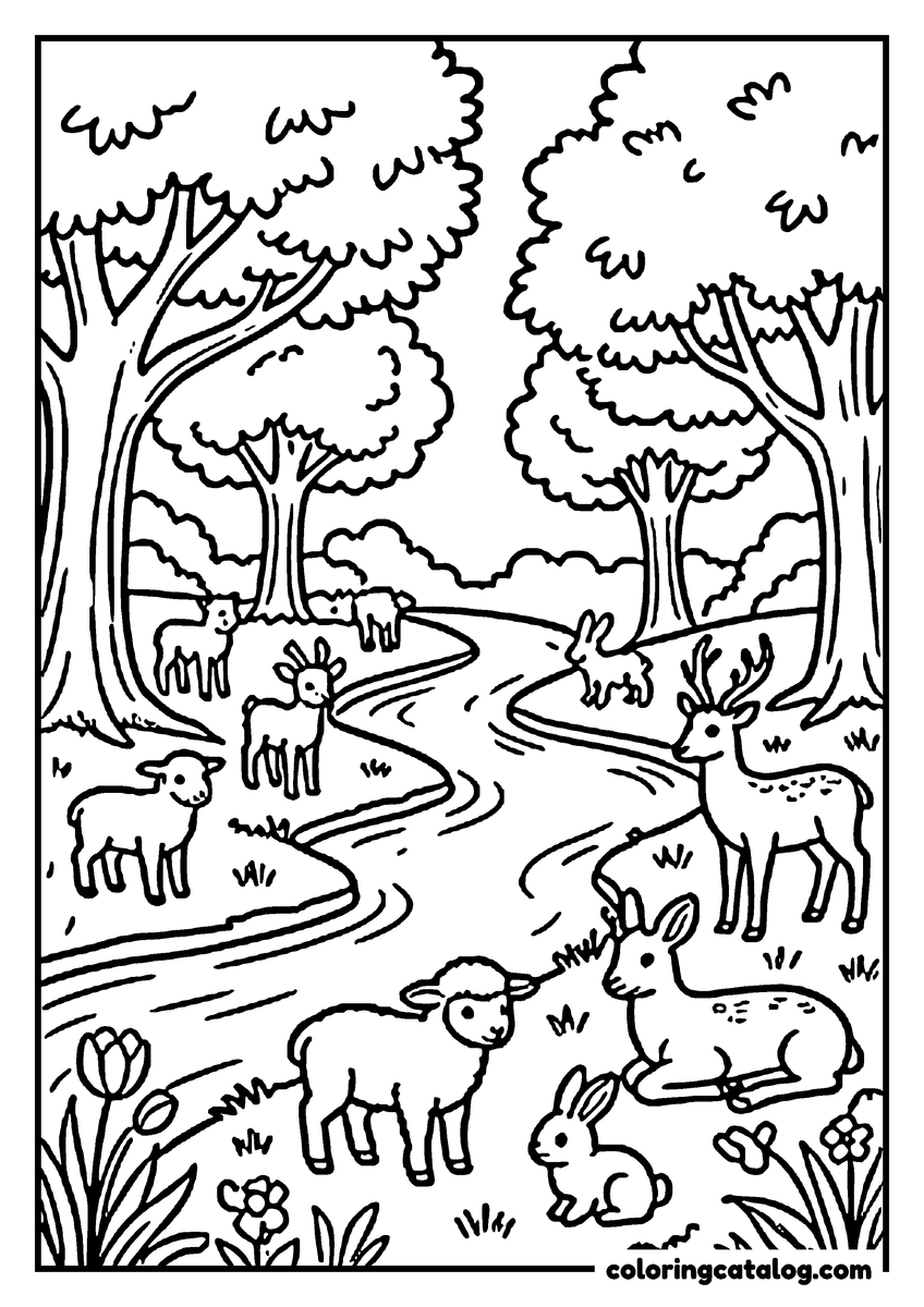 Printable Bible coloring page: The Garden of Eden, a winding river running between broad trees while lambs, deer and rabbits graze side by side on the banks