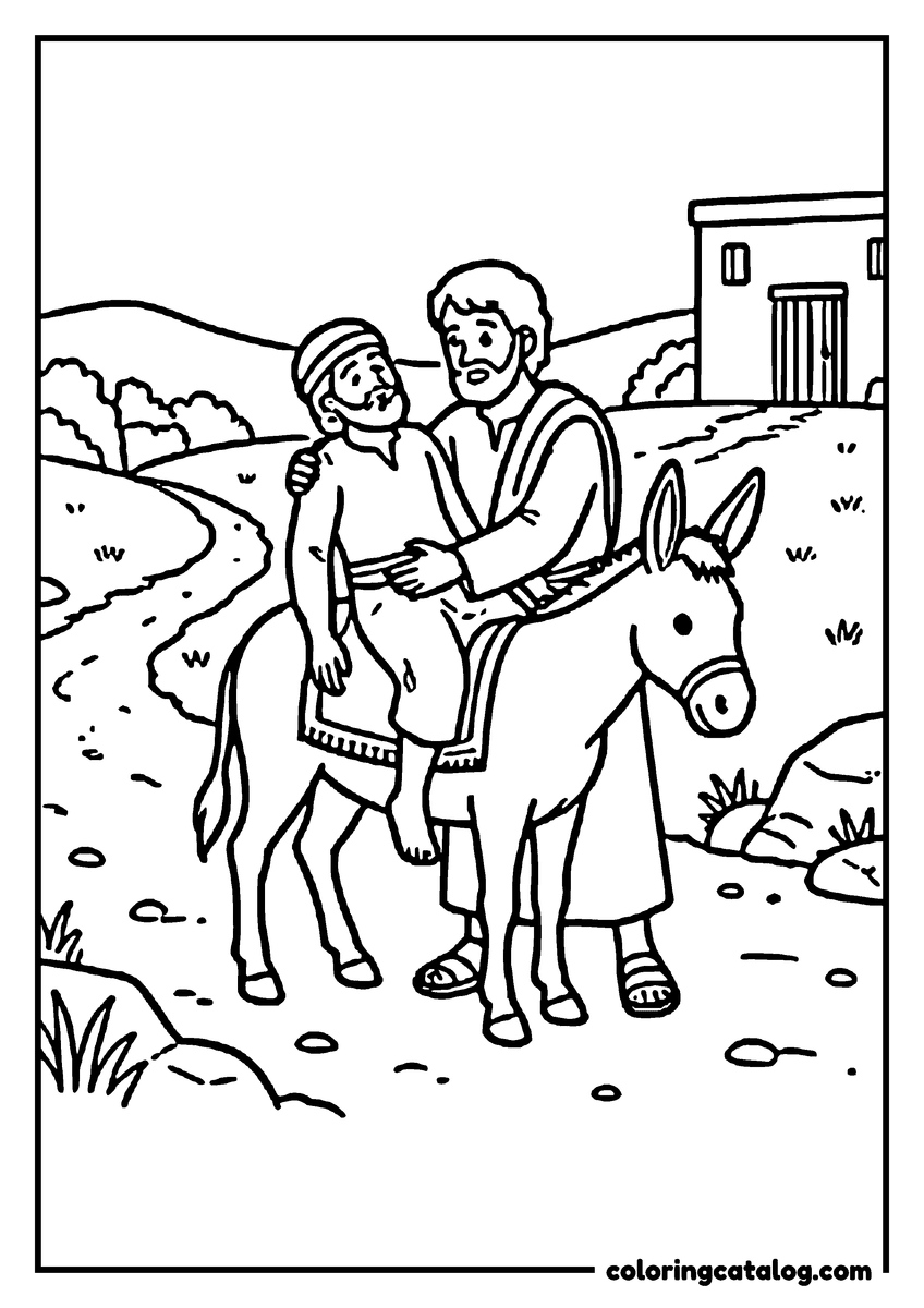 Printable Bible coloring page: The Good Samaritan helping a wounded traveler onto his donkey beside a stony road, an inn standing on the hill in the distance
