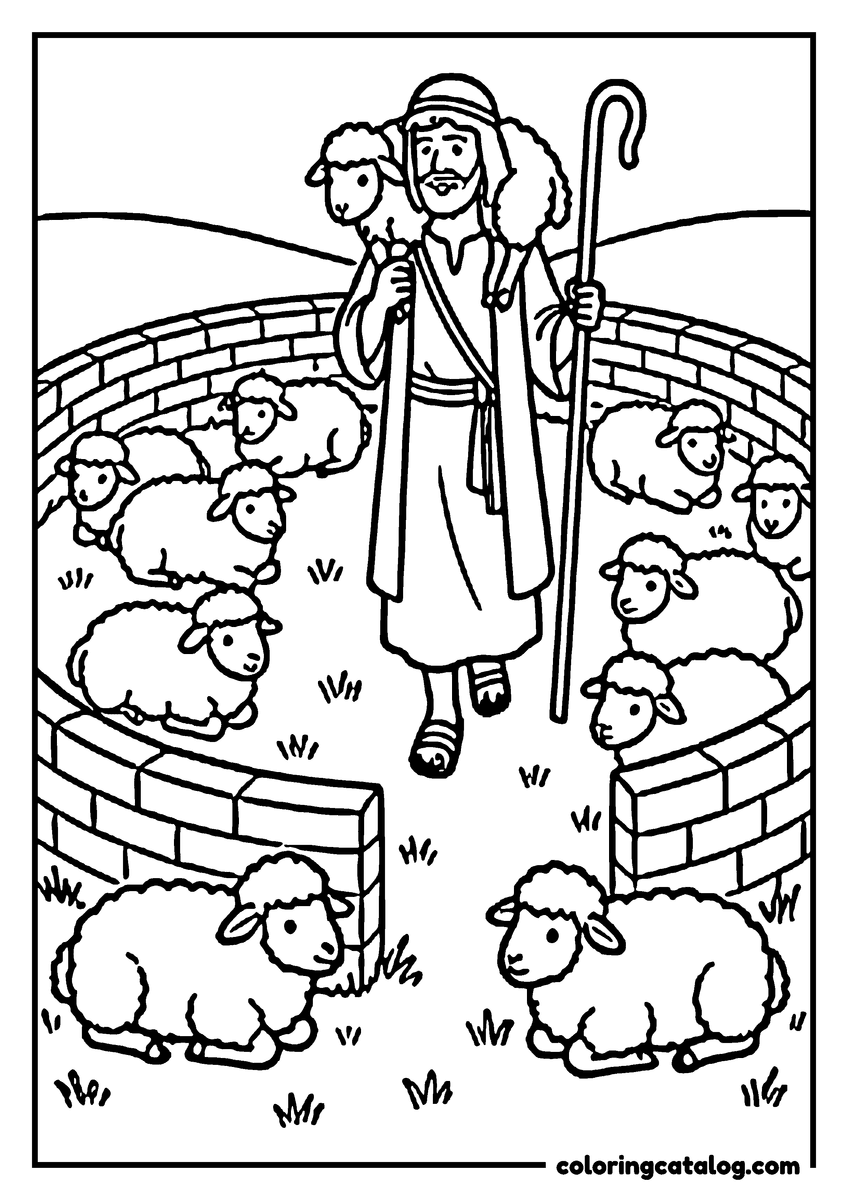 Free Bible coloring sheet: The Good Shepherd with a staff carrying the lost sheep across his shoulders back into a round stone fold full of resting sheep