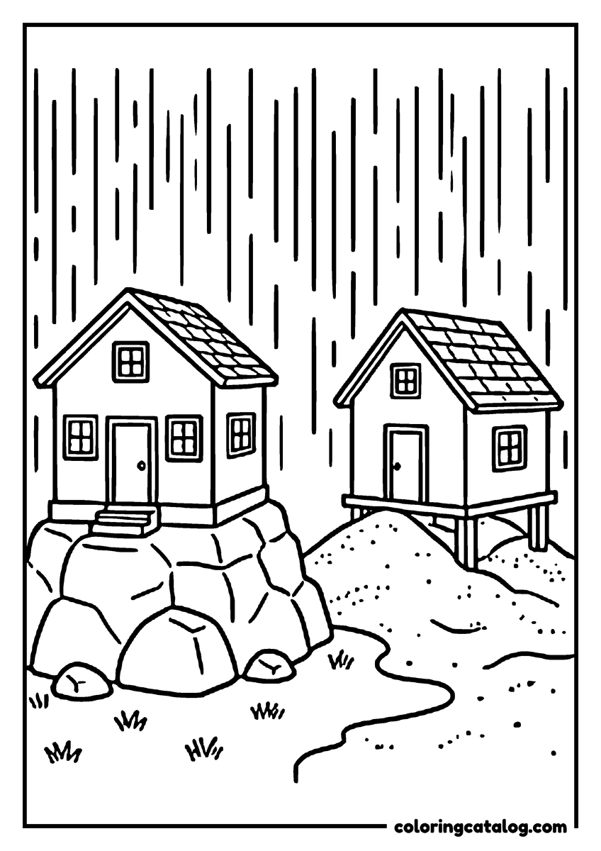 Printable Bible coloring page: The wise man's house standing on a wide rock beside the foolish man's house on a heap of sand, rain falling in straight lines over both