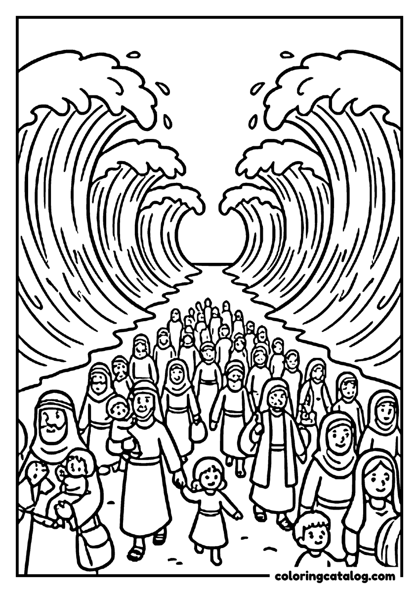 Printable Bible coloring page: The Israelites walking on dry ground through the parted Red Sea, families and children in a crowd between two towering curling walls of water