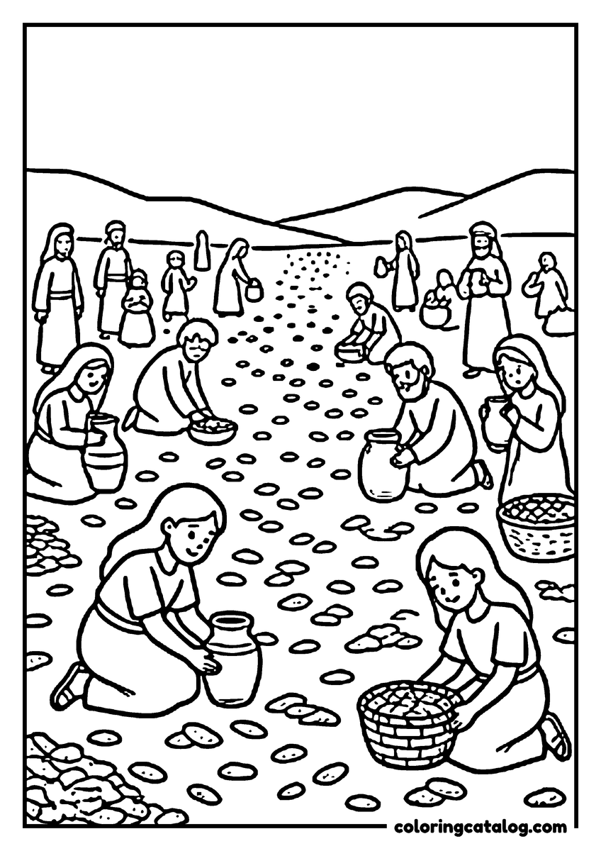 Bible coloring page: The Israelites kneeling to gather manna from the ground into jars and baskets, more families standing with pails at the foot of the hills behind