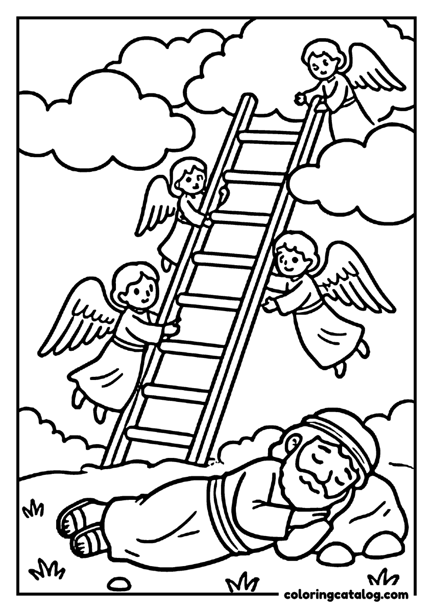Free Bible coloring sheet: Jacob asleep on the ground with a stone for a pillow while little angels climb a ladder rising into the clouds above him