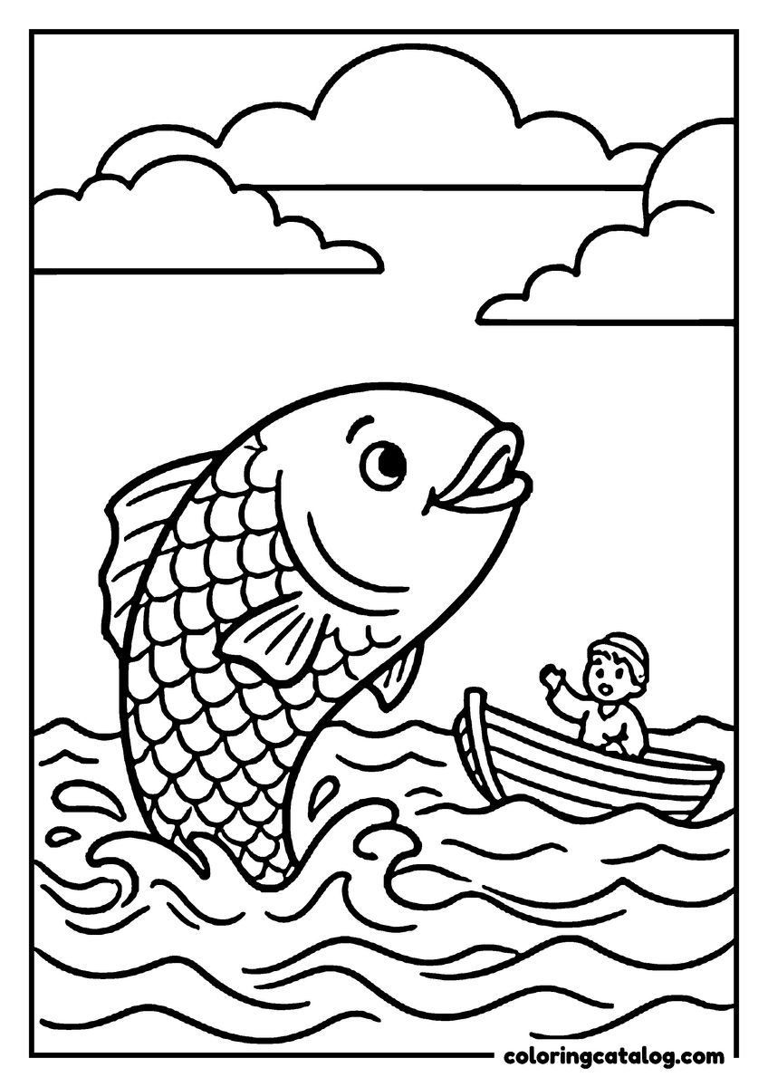 Free Bible coloring sheet: A great scaly fish leaping from the waves beside Jonah in his small rowing boat, clouds piled up in the sky
