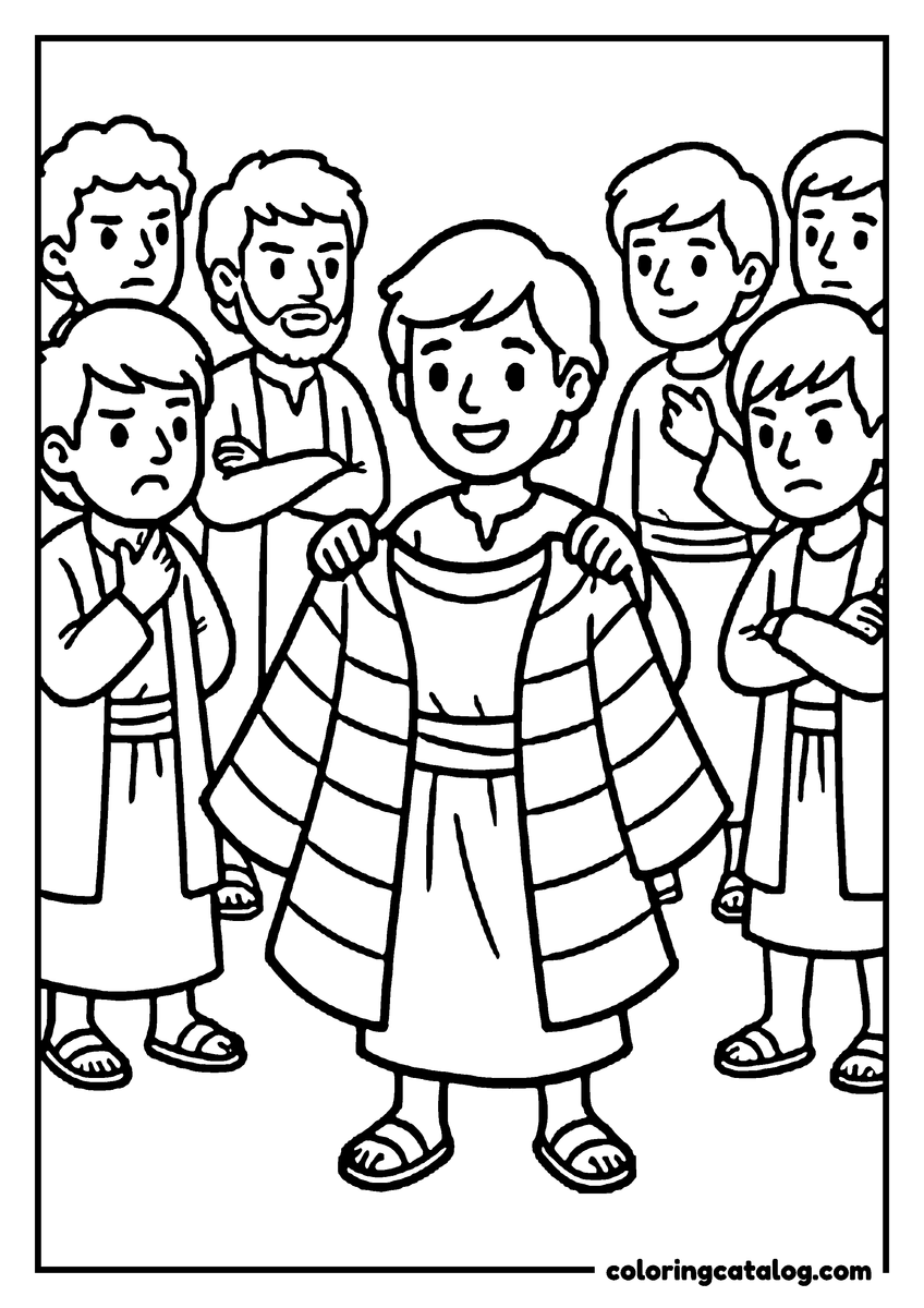 Bible coloring page: Joseph smiling as he holds open his striped coat of many colors while his brothers stand around him with folded arms and frowns