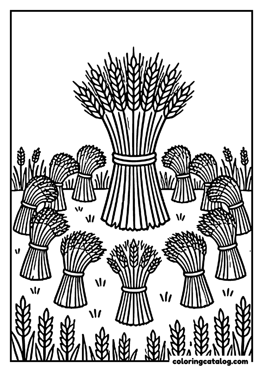 Bible coloring page: Joseph's dream of the harvest, one tall sheaf of wheat standing upright in the field while the other sheaves bow around it in a ring