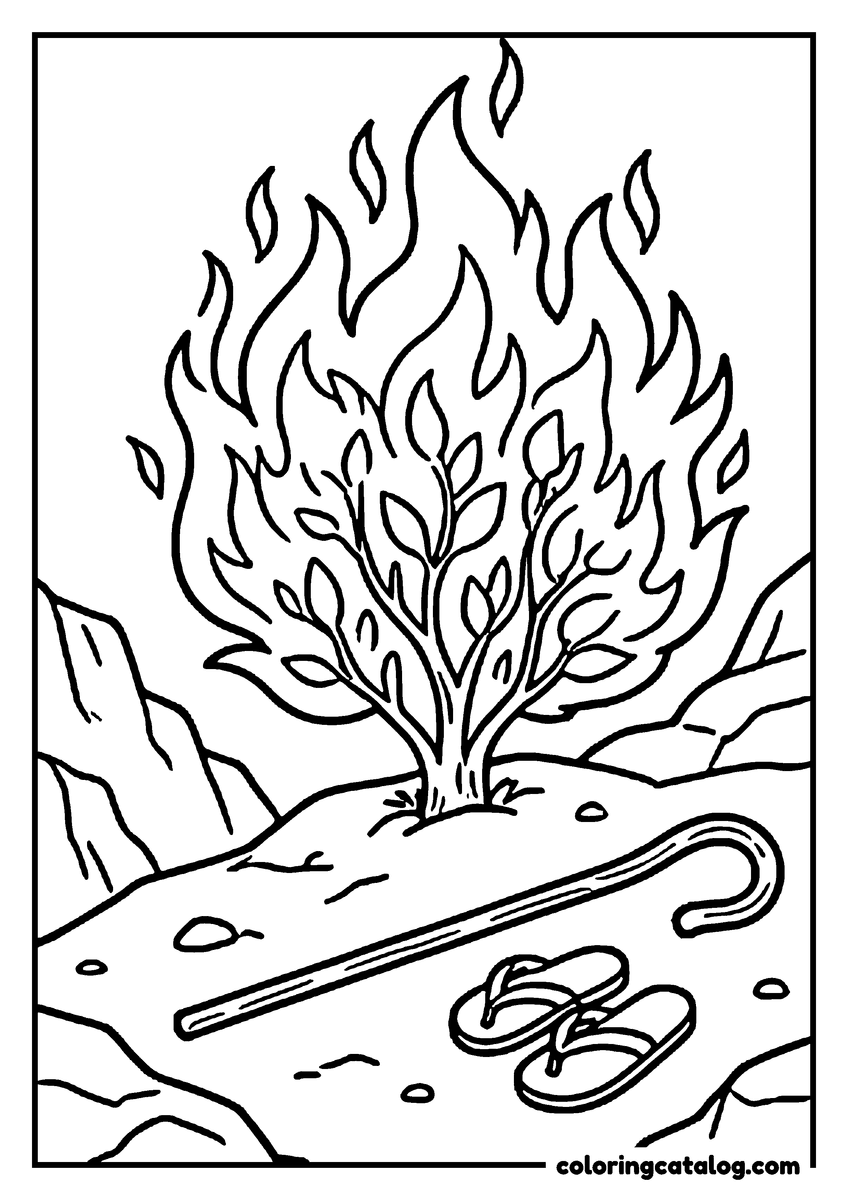 Bible coloring page: The burning bush on a rocky slope wrapped in tall flames, a shepherd's staff and a pair of sandals left on the ground before it