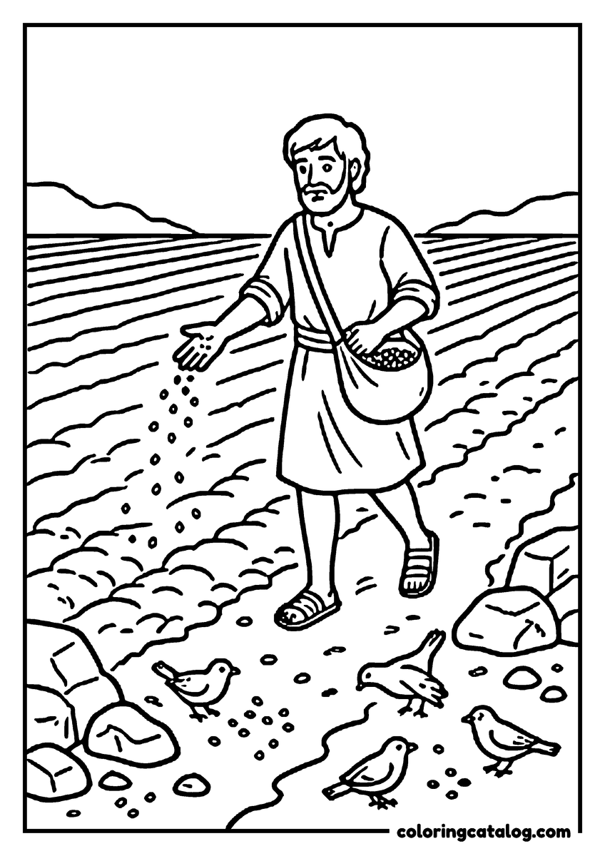 Free Bible coloring sheet: The sower from the parable scattering seed from his shoulder bag across a ploughed field, birds pecking on the path and stones at the edge