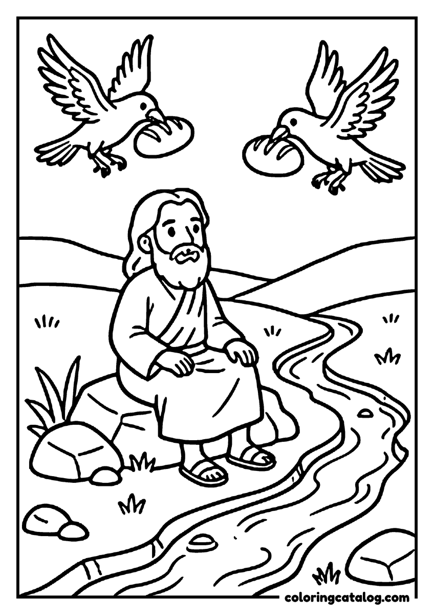 Free Bible coloring sheet: Two ravens flying down with loaves of bread in their beaks to the prophet Elijah, who sits on a rock beside a winding brook
