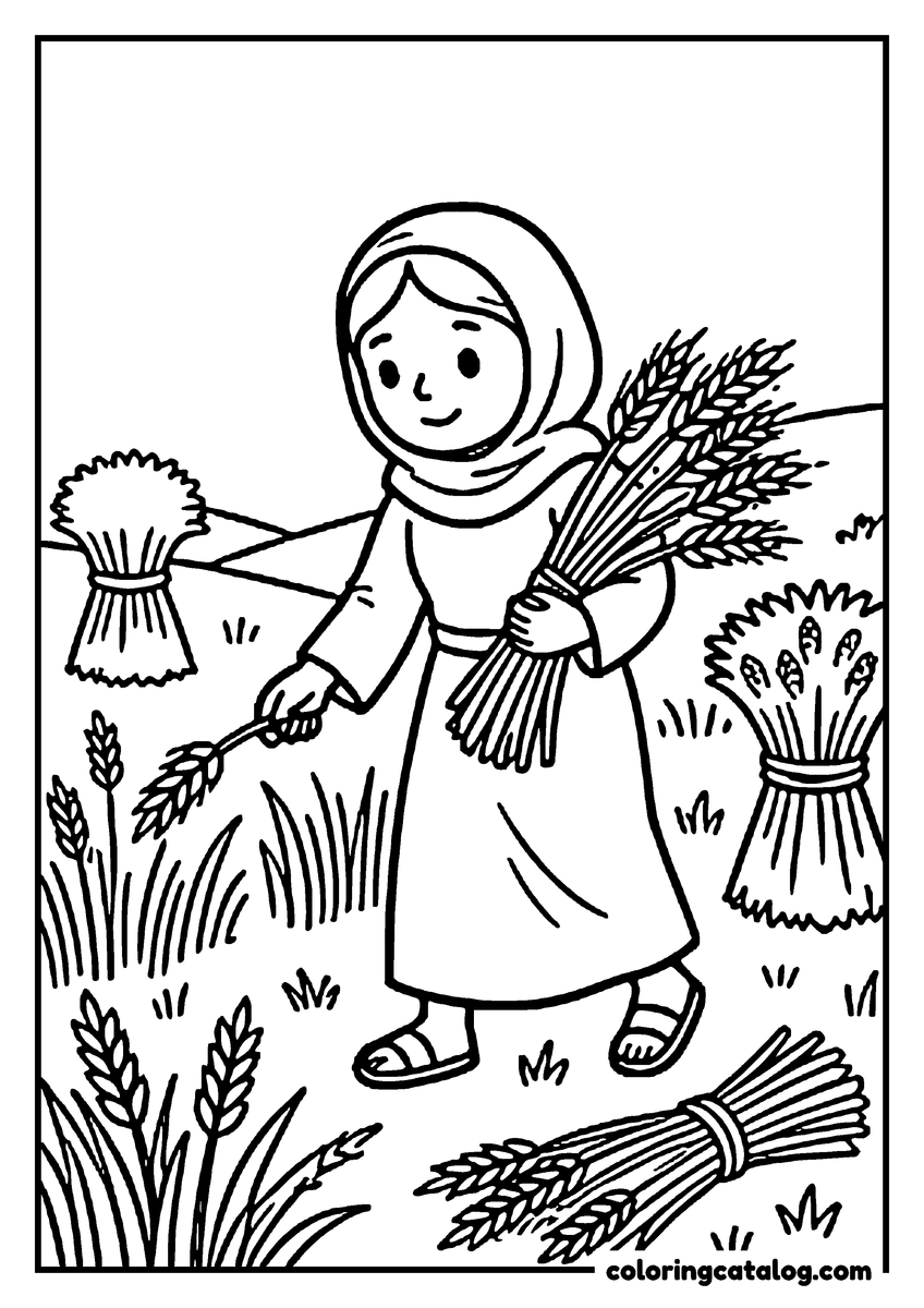 Bible coloring page: Ruth in a headscarf gleaning in a harvested field, an armful of grain stalks held to her chest and tied sheaves standing around her