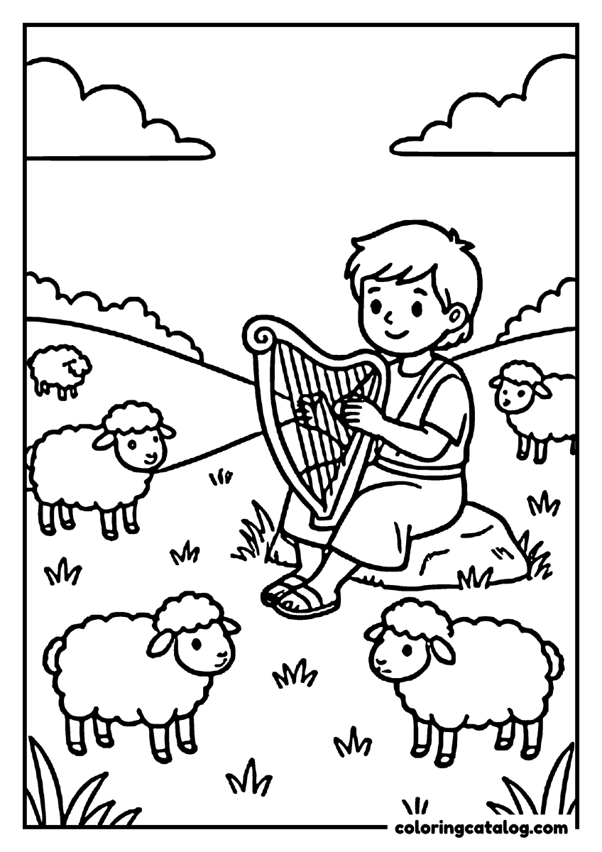 Printable Bible coloring page: The shepherd boy David sitting on a rock playing his harp, his woolly sheep grazing across the green hills around him
