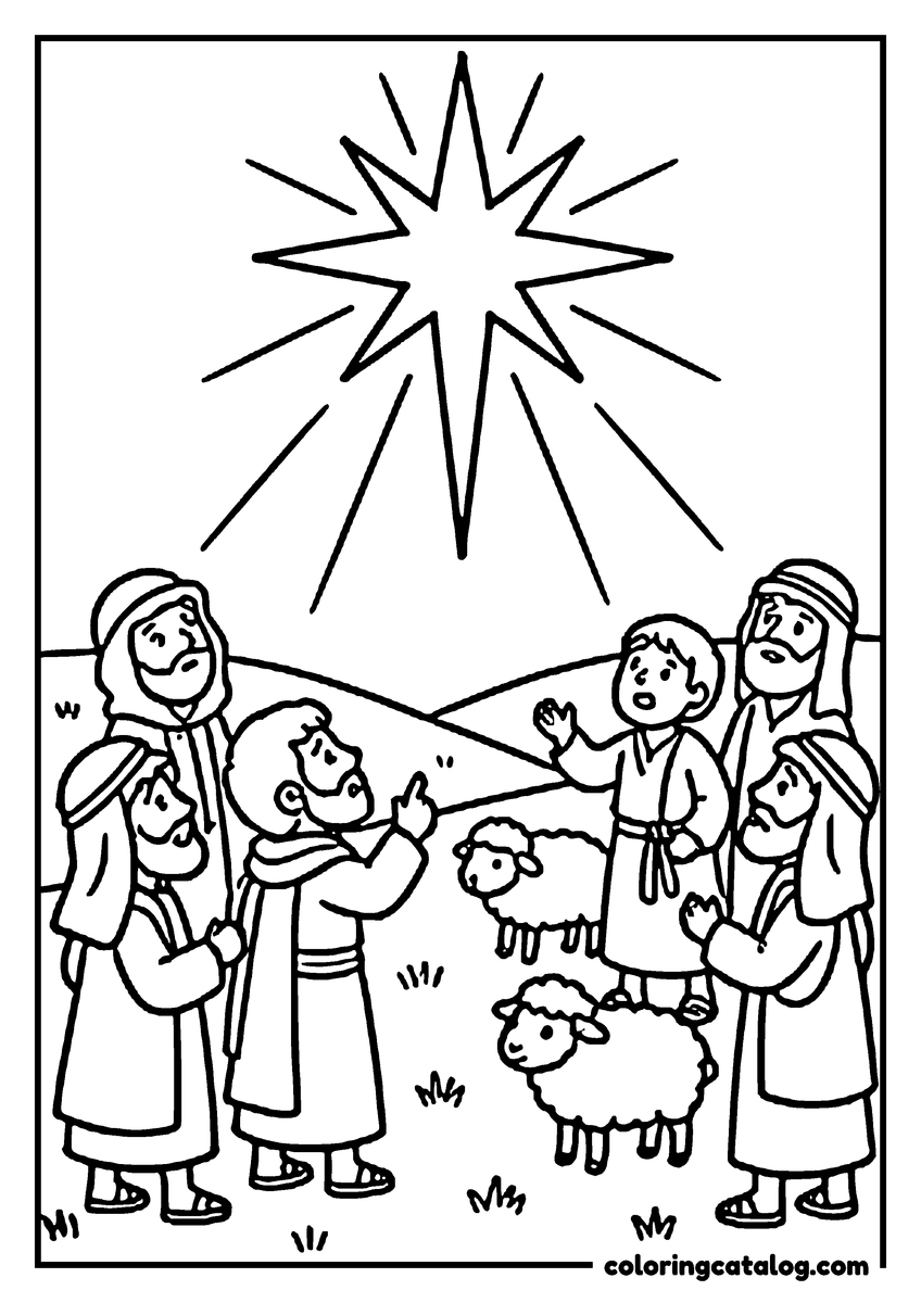 Printable Bible coloring page: Shepherds in robes and headcloths gathered on a hillside at night with their sheep, pointing up at the great shining star of Bethlehem