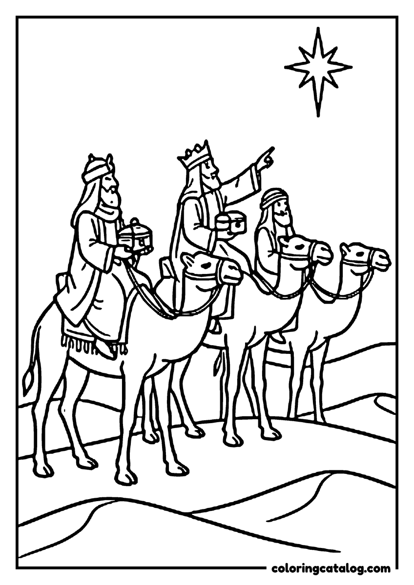 Printable Bible coloring page: The three wise men riding camels across the desert dunes, carrying their gifts as one points ahead to the star