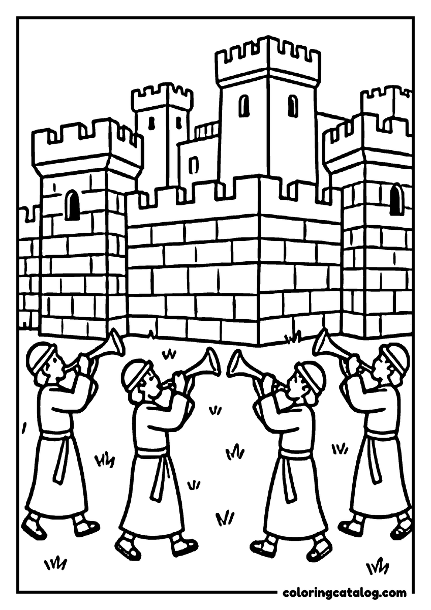 Printable Bible coloring page: Priests blowing trumpets as they march around the walls of Jericho, the city built of wide stone blocks with towers and battlements