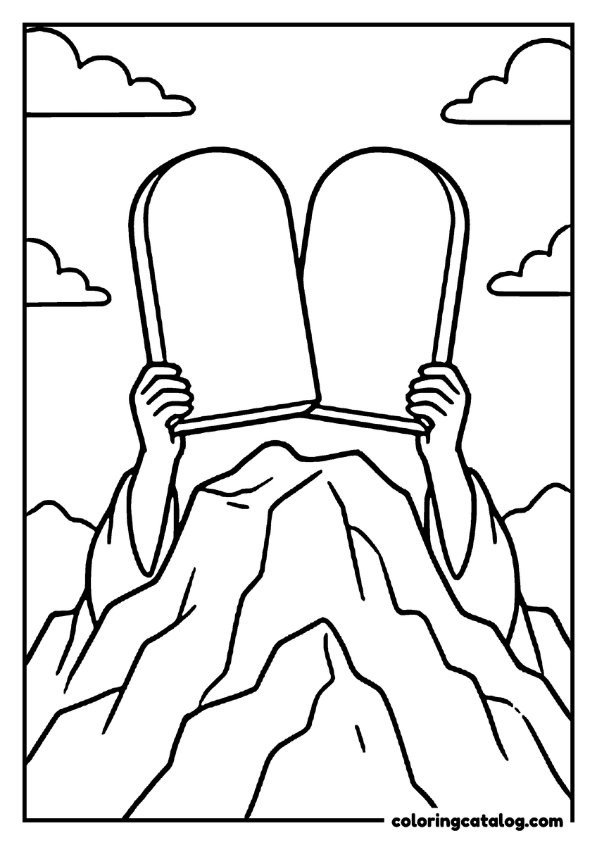 Free Bible coloring sheet: Two hands holding up two blank stone tablets above the rocky peak of Mount Sinai, clouds drifting behind
