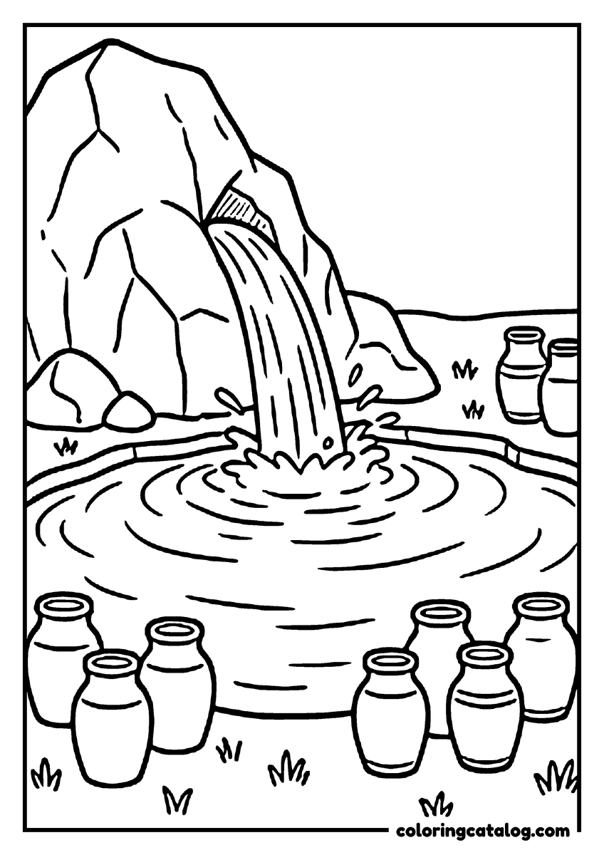 Bible coloring page: Water gushing from a split rock into a wide round pool, clay jars lined up along the edge waiting to be filled