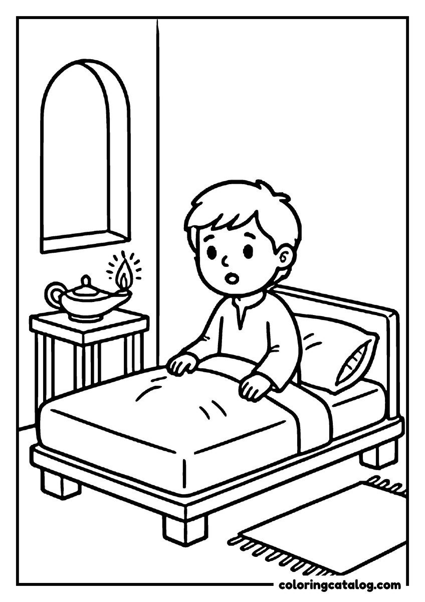 Printable Bible coloring page: Young Samuel sitting up in bed in the temple at night, an oil lamp burning on the stand beside him and an arched window above