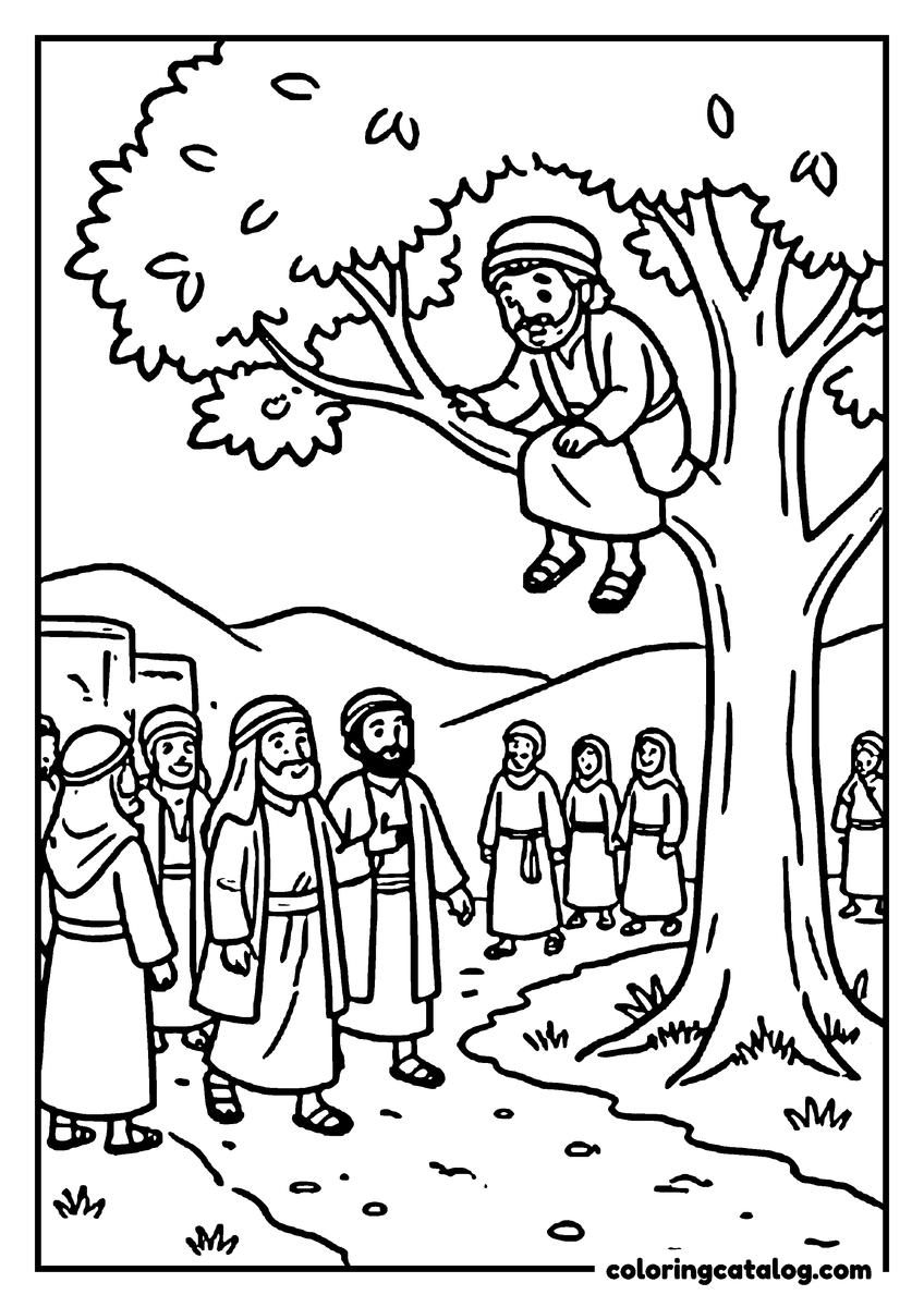 Bible coloring page: Zacchaeus sitting on a branch of a broad sycamore tree to look down at the crowd walking along the road below