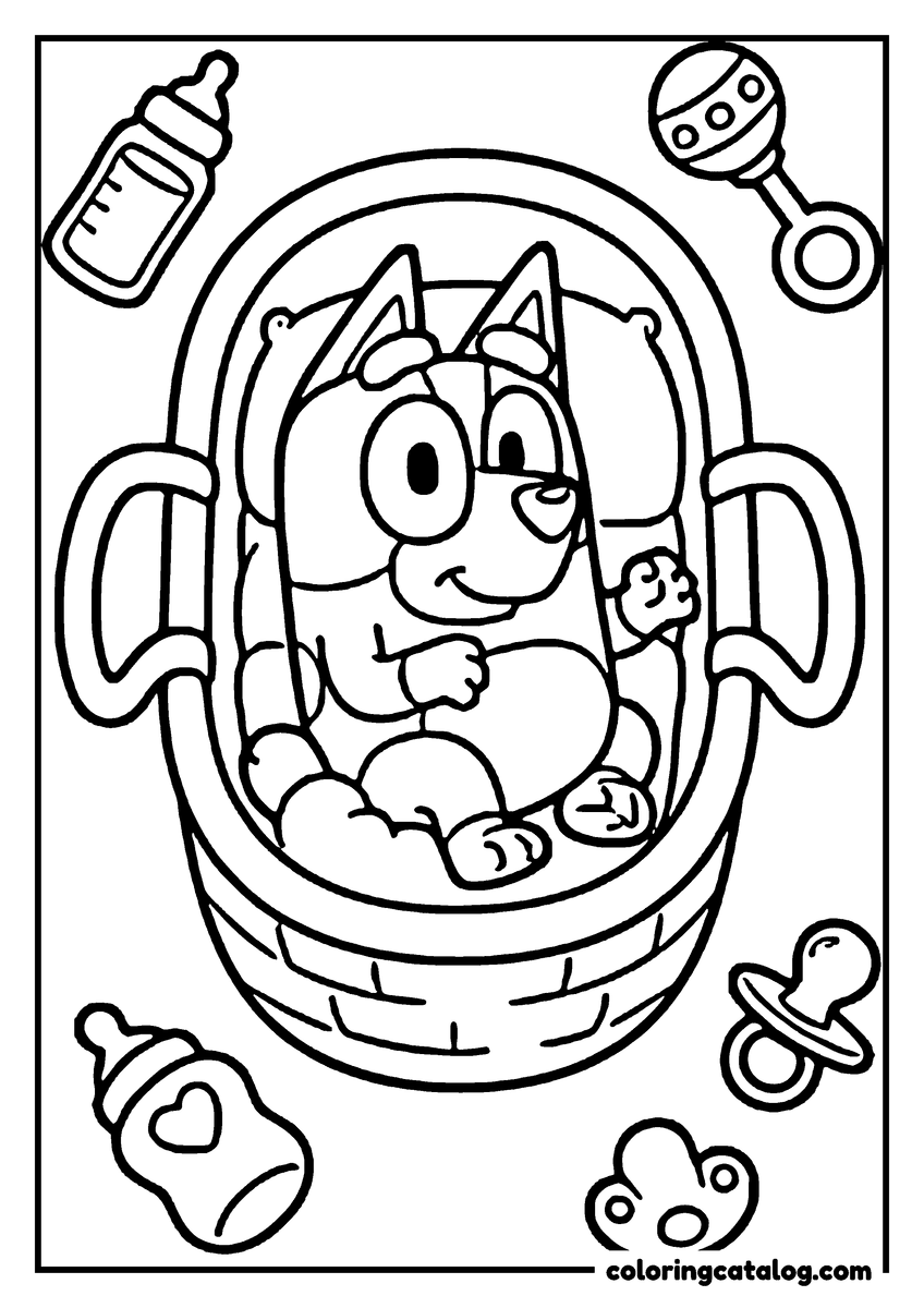 Free Bluey coloring sheet: A heeler baby sitting in a bouncer, with a rattle, a bottle and a dummy around it