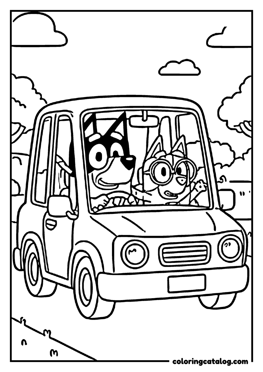 Bluey coloring page: Two heelers at the window of a van parked on a country road