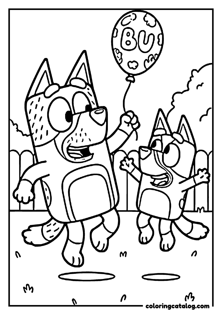 Printable Bluey coloring page: An adult heeler and a puppy playing outside, the puppy holding a balloon marked BU