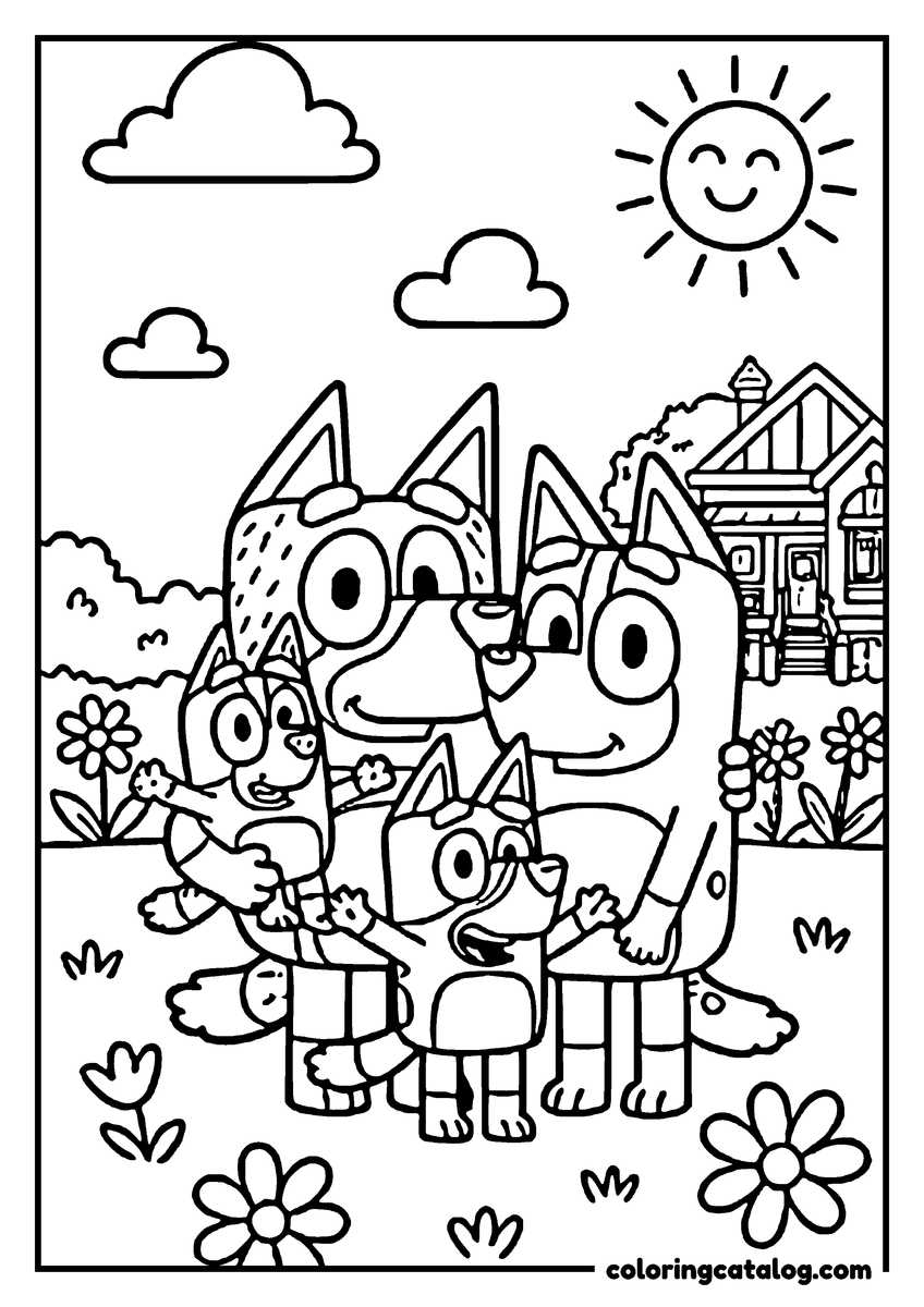 Free Bluey coloring sheet: The heeler family playing in a sunny garden of flowers, the house behind them
