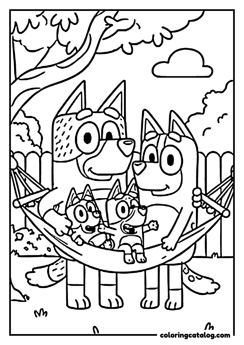 Free Bluey coloring sheet: An adult heeler and two puppies lying together in a hammock strung under a tree