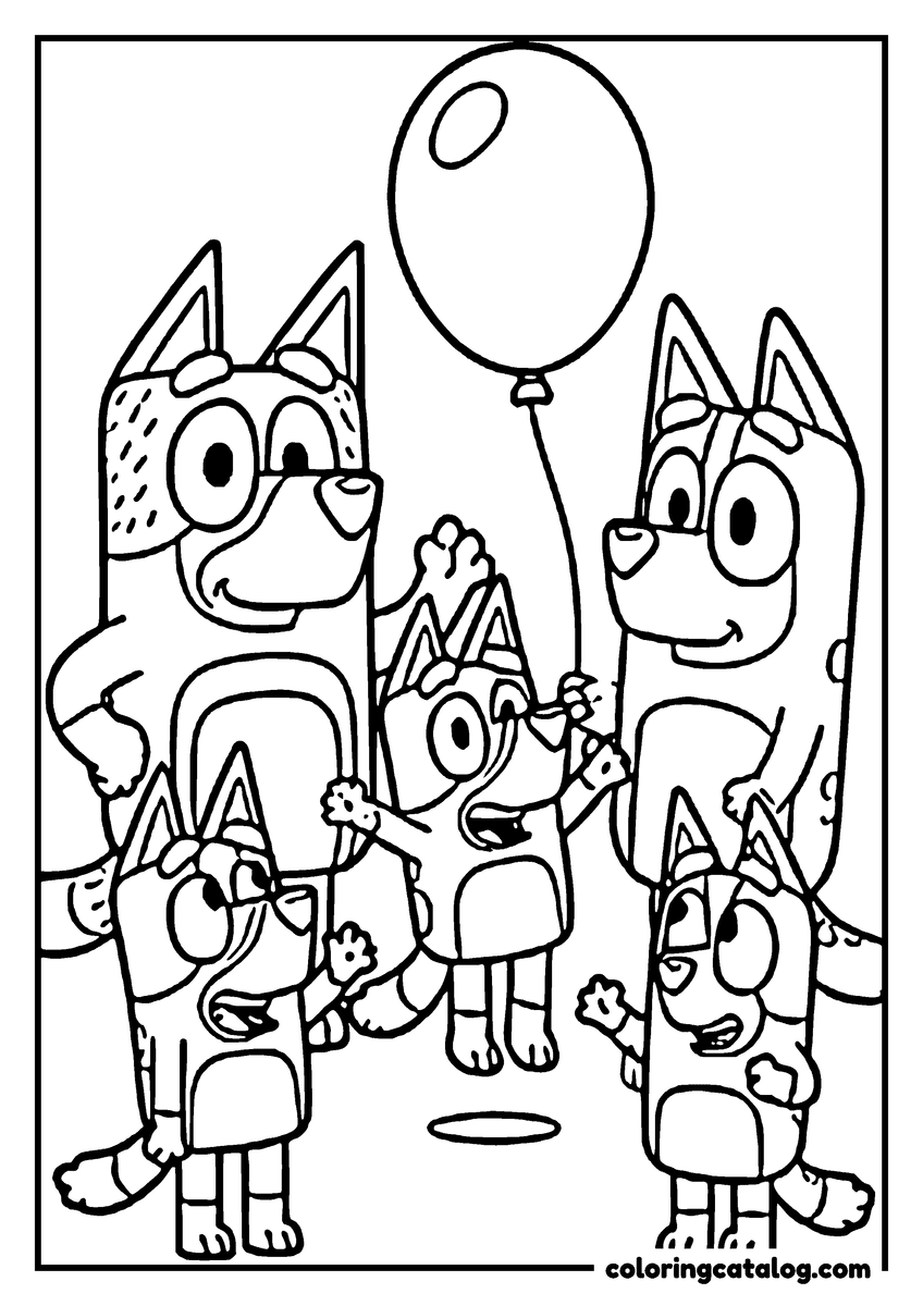 Printable Bluey coloring page: An adult heeler and three puppies cheering under a balloon at a party