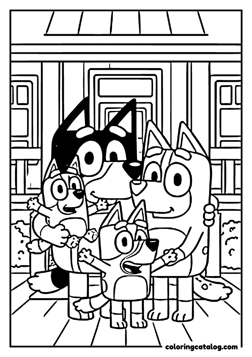 Free Bluey coloring sheet: Bandit and the rest of the heeler family standing together in front of their house