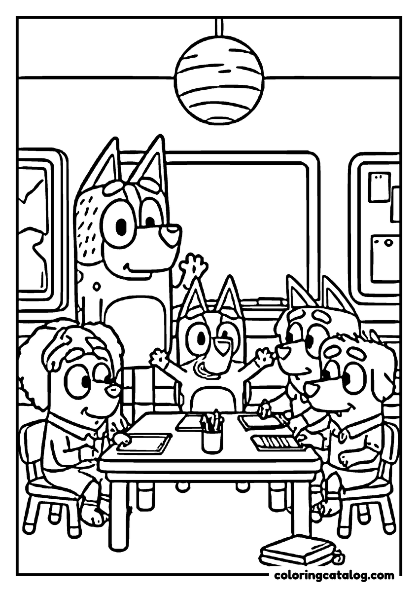 Free printable coloring sheet: Bluey and four friends sitting around a long table with plates and cups, a paper lantern above them
