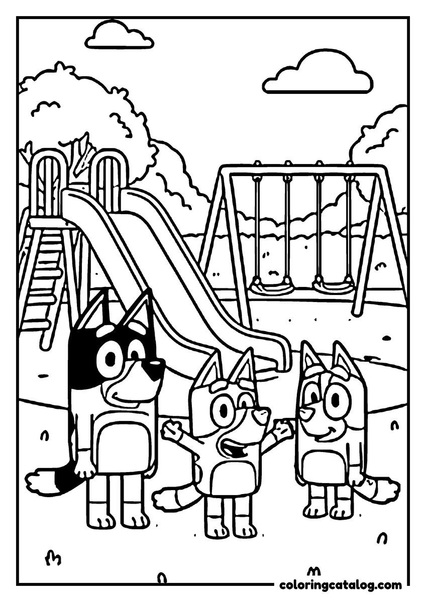 Free Bluey coloring sheet: Bandit the dad heeler with two puppies at the playground, beside the slide and the swings