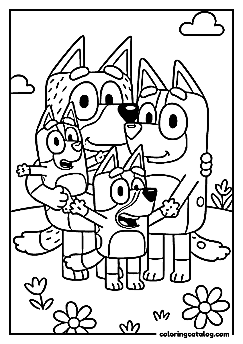 Bluey coloring page: The four heelers of the family standing together in a field of daisies