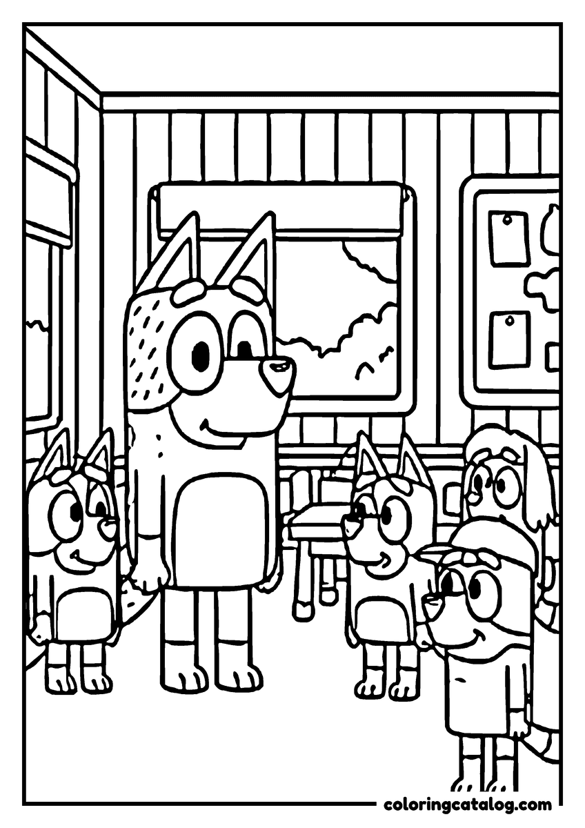 Bluey coloring page: An adult heeler and three puppies in a room with a wide window looking out on the sky