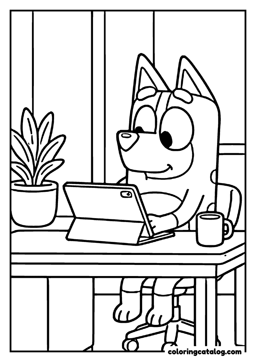 Bluey coloring page: An adult heeler sitting at a desk with a tablet, a mug and a potted plant