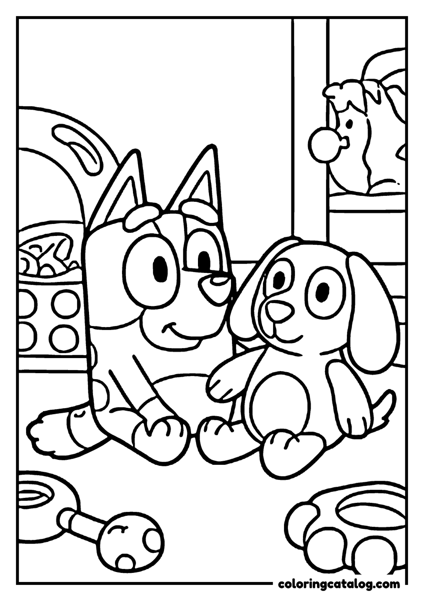 Bluey coloring page: A heeler puppy lying on the floor of the playroom beside a soft toy dog, with a rattle and a ball