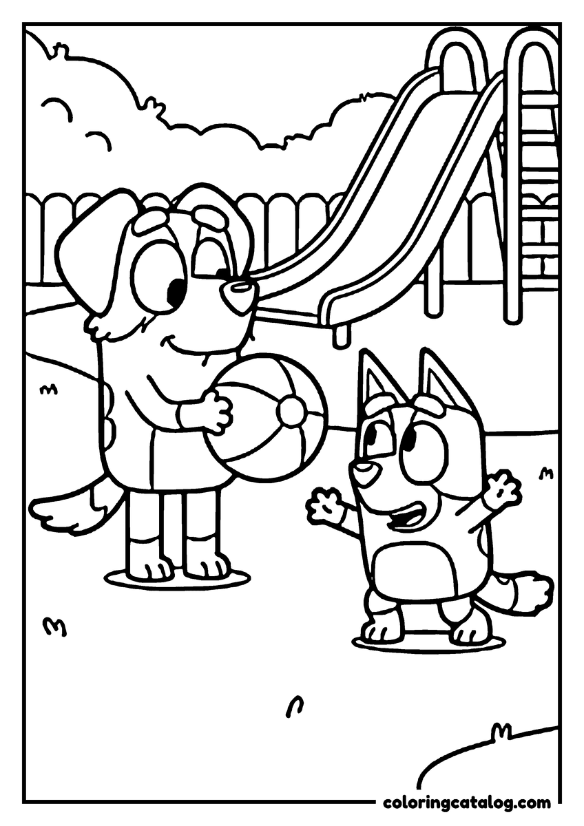 Printable Bluey coloring page: A grown-up dog holding a beach ball beside a heeler puppy, in front of a pool slide