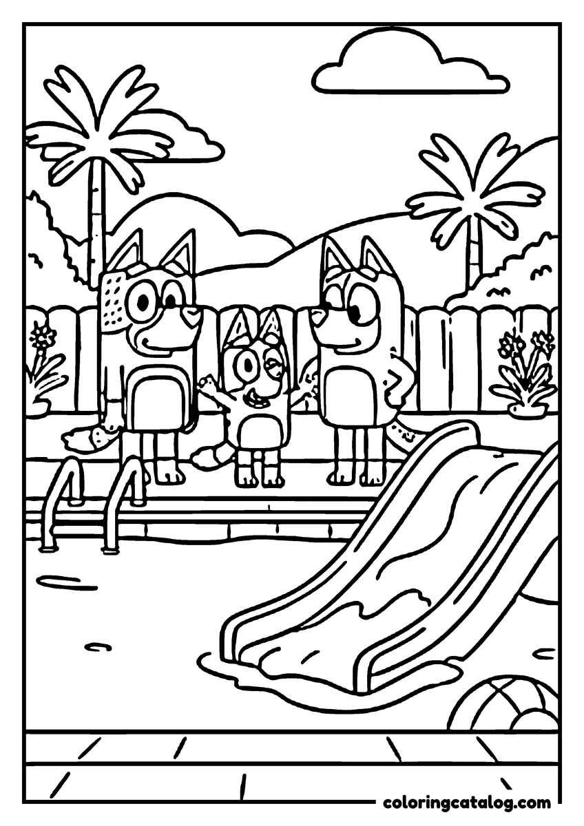 Bluey coloring page: Three heelers standing at the top of a pool slide, palm trees behind the fence