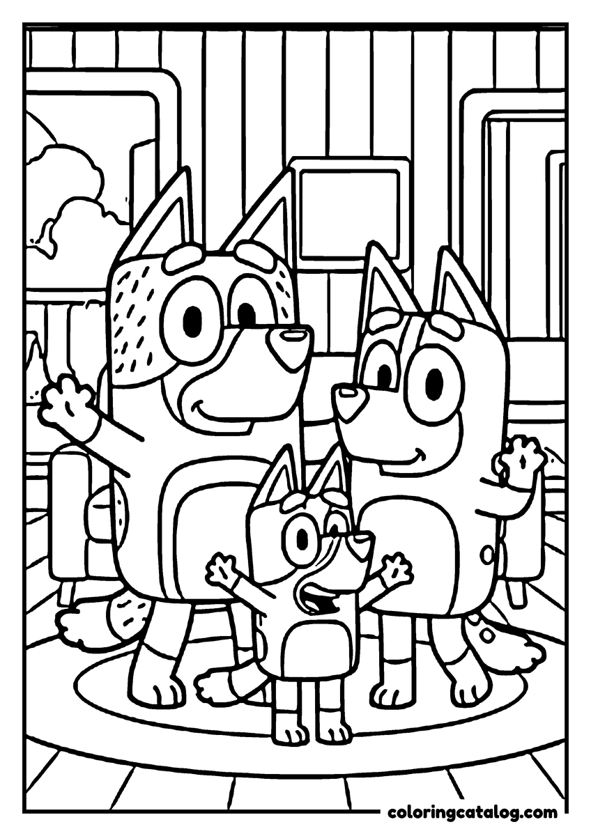 Bluey coloring page: An adult heeler and three puppies waving together in the living room