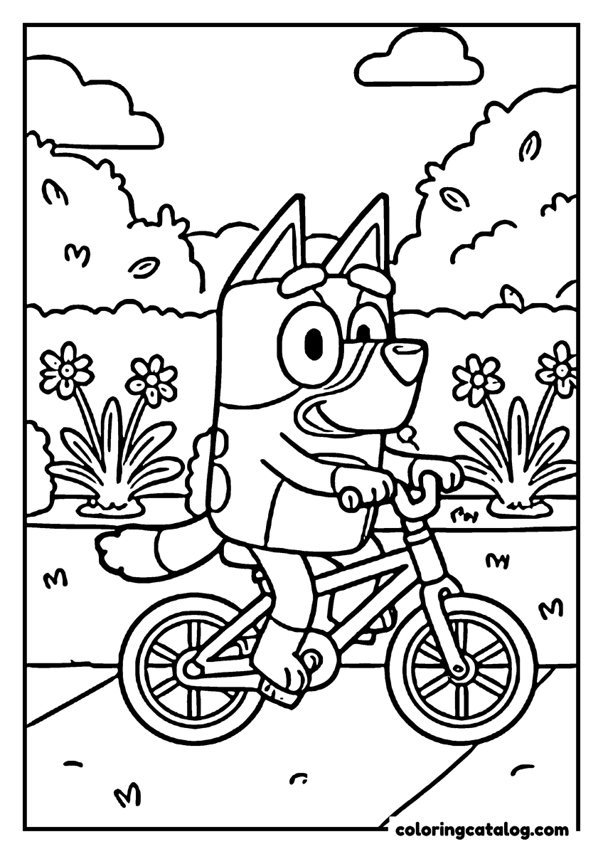 Coloring page: Bluey riding her bicycle along a park path lined with flowers and bushes