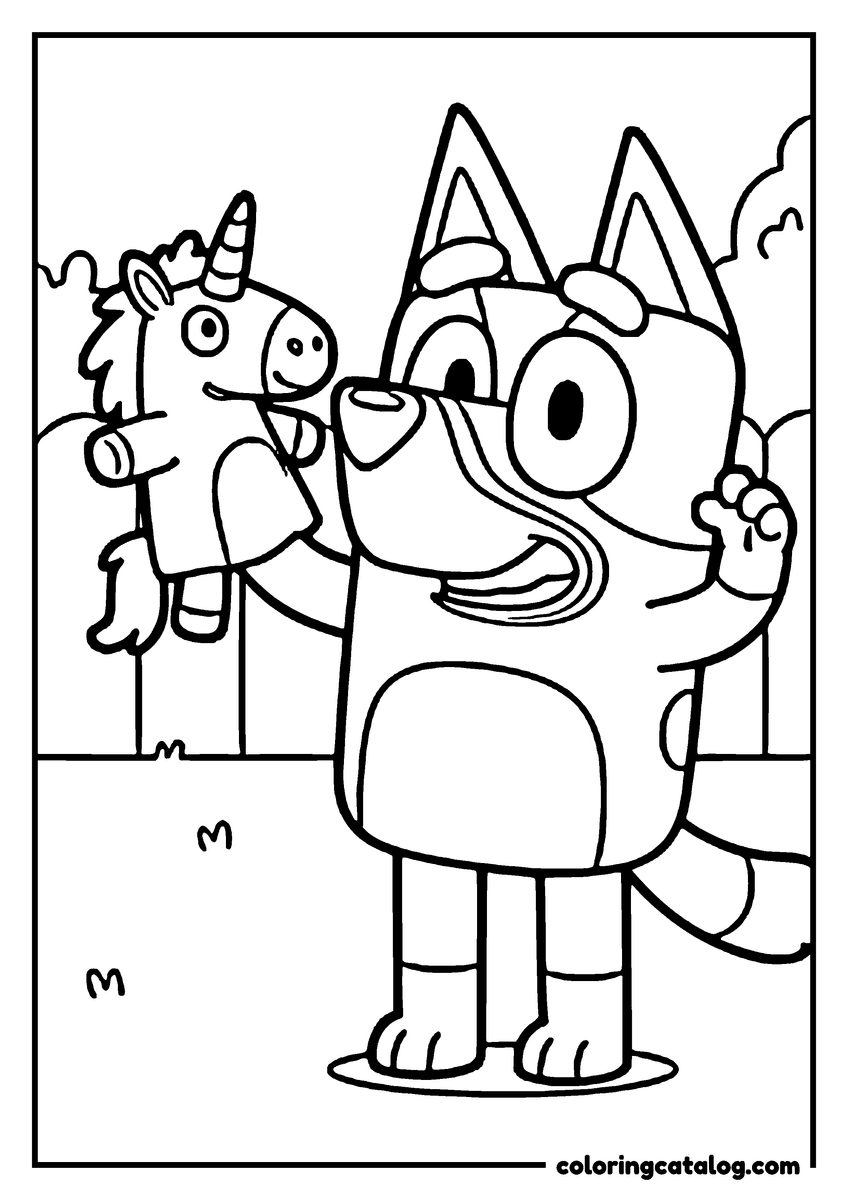 Free Bluey coloring sheet: A heeler puppy standing with a soft toy unicorn held up in one paw