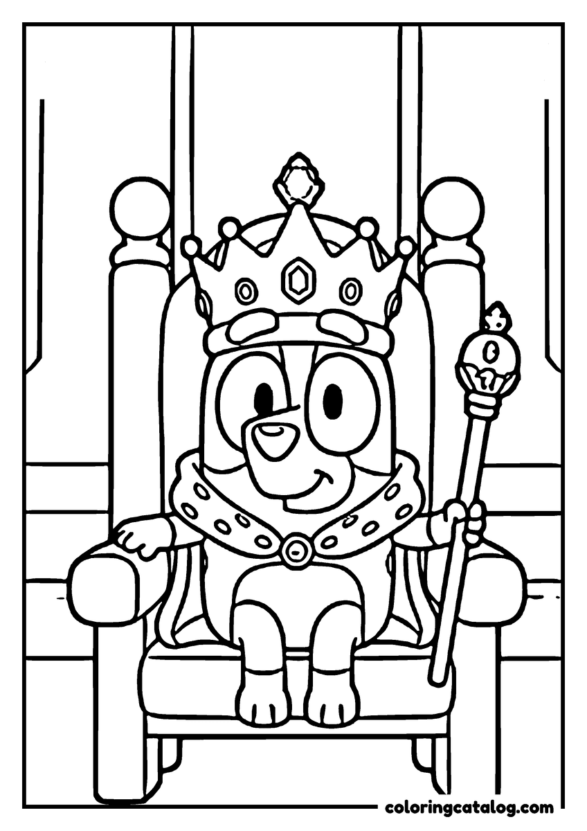 Printable Bluey coloring page: A heeler puppy dressed as a king on a wooden throne, wearing a jewelled crown and holding a sceptre