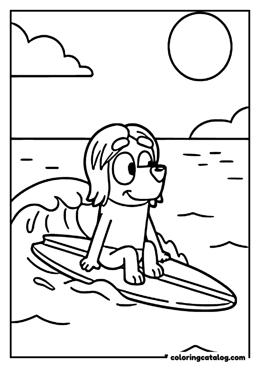 Bluey coloring page: A floppy-eared dog riding a surfboard down a wave, the sun low over the sea behind