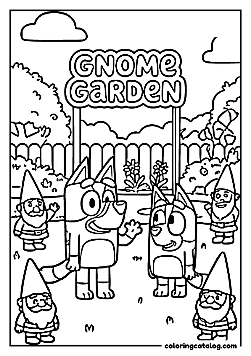 Bluey coloring page: Two heeler puppies waving under a Gnome Garden sign, four garden gnomes standing among the flowers