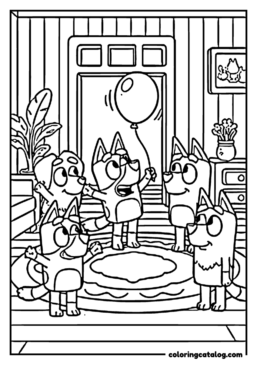 Printable Bluey coloring page: Four heelers cheering around a balloon in the living room, on a round rug