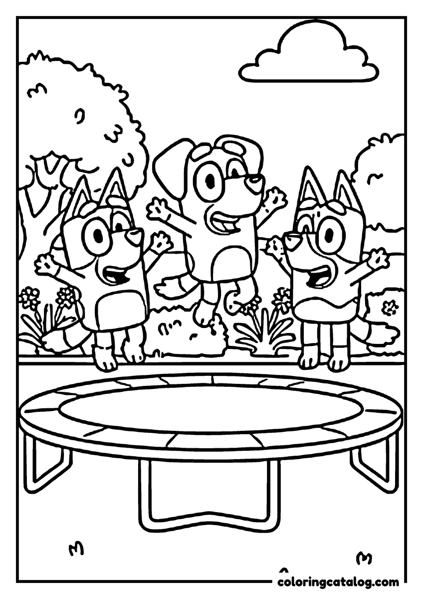 Printable Bluey coloring page: Two heeler puppies and a floppy-eared friend bouncing on a trampoline in the garden