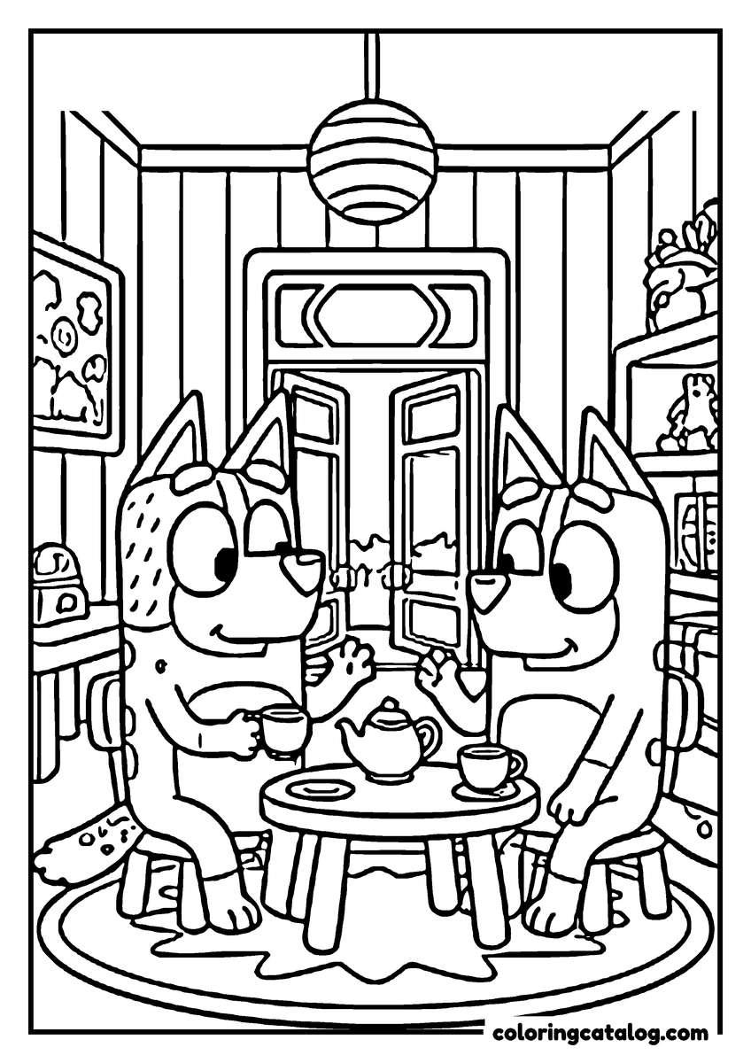 Bluey coloring page: Two heelers having tea at a small round table, one pouring from the teapot