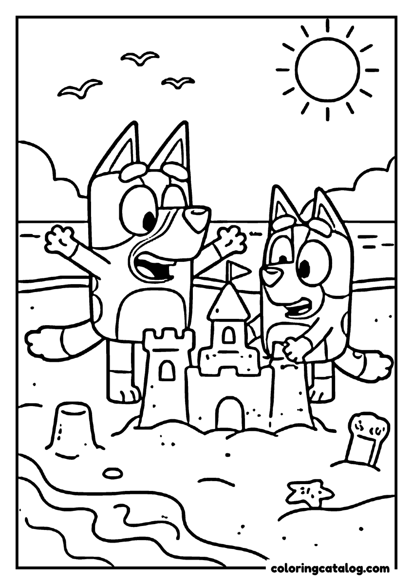Printable Bluey coloring page: Two heelers building a tall sandcastle on the beach under a bright sun