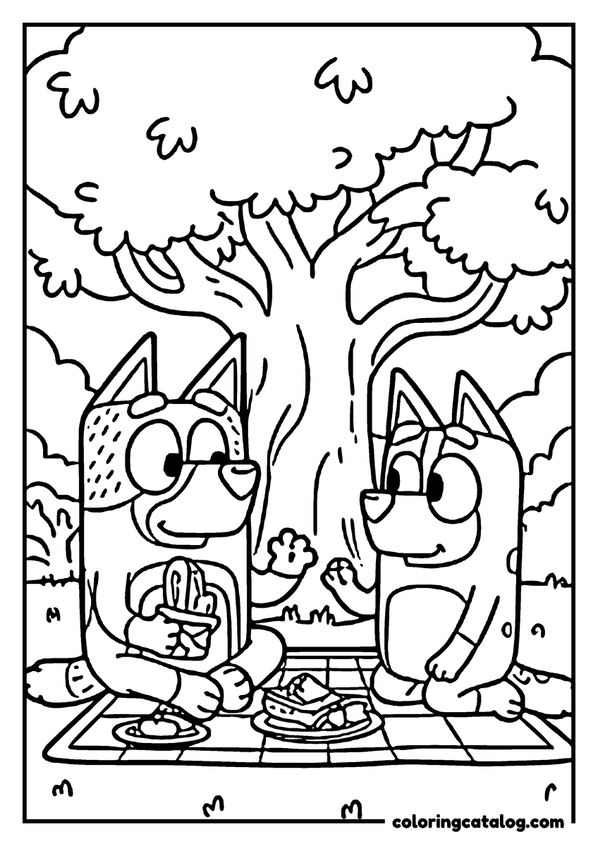 Printable Bluey coloring page: Two heelers having a picnic on a rug under a big tree, one wearing a cap and holding a sandwich