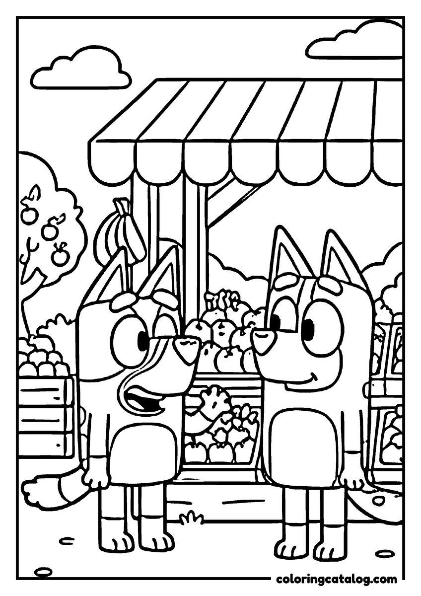 Printable Bluey coloring page: Two heelers at a market stall under a striped awning, choosing fruit and vegetables
