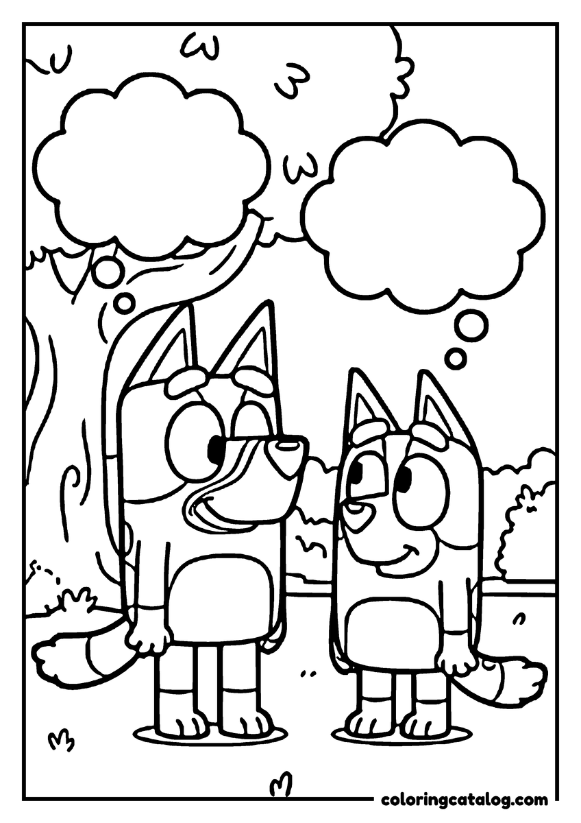 Free printable coloring sheet: Bluey and Bingo standing side by side in the park with an empty thought bubble above each of them, to fill in